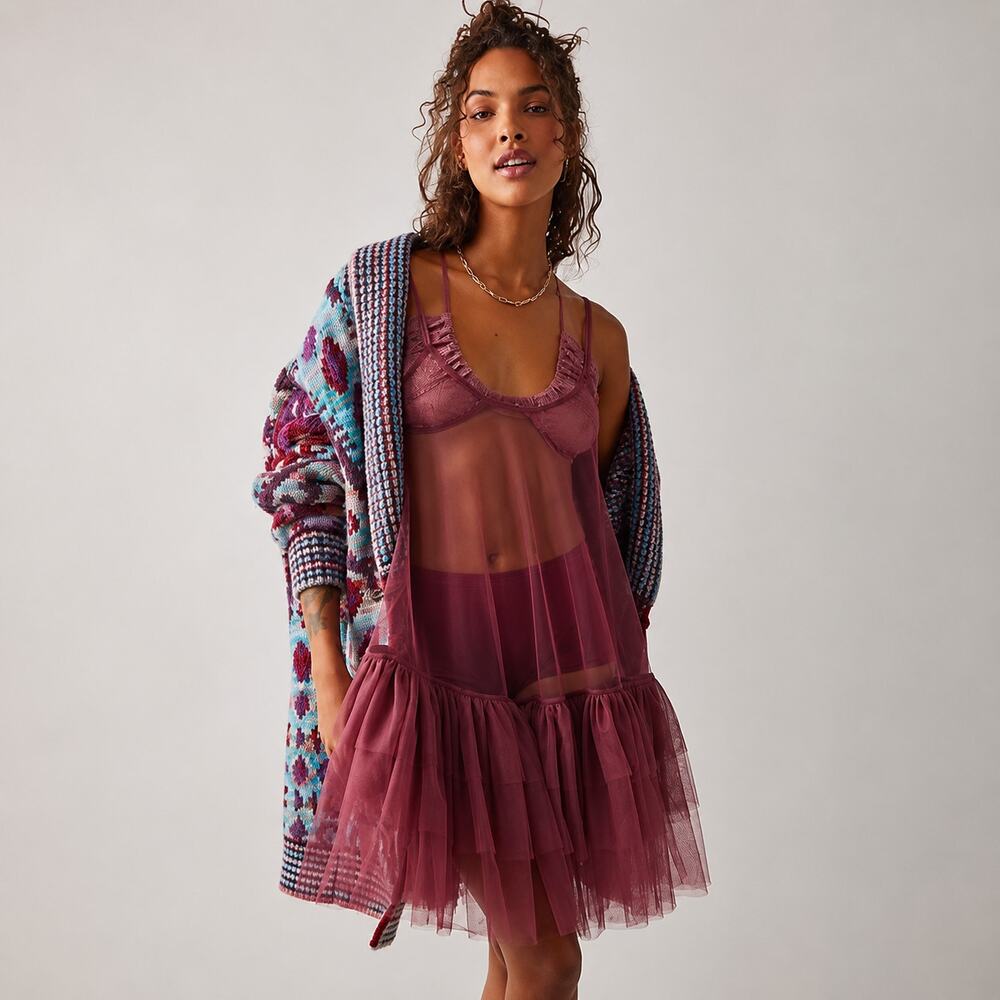 Intimately Free People Burgundy Sheer Tulle Push Send Sheer Tulle Mini Slip